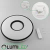 A white, circular LED ceiling lamp with a black inner ring is shown on a light gray background. Accessories like a remote control and mounting hardware are also visible. Insets show close-ups of the LED strip and the wiring compartment. Produktbild-Vorschau