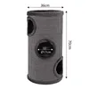 A grey cylindrical cat scratching tower with multiple openings and dimensions indicated by text overlays. Produktbild-Vorschau