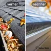 A split image showing a gutter before and after installing a leaf guard. The left side shows a gutter filled with leaves and a baseball. The right side shows a clean gutter with a black mesh leaf guard installed. Produktbild-Vorschau