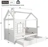 A diagram showing the dimensions of a white house-shaped children's bed with drawers. Voir les images du produit