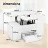 A diagram showing the dimensions of a white coffee table with a lift-top mechanism and storage compartments. Podgląd zdjęcia produktu