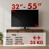 A TV stand with a TV on it, with text overlays indicating size, VESA compatibility, and weight capacity. Produktbild-Vorschau