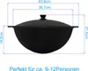 A diagram showing the dimensions of a black cauldron with a lid, with measurement lines and text indicating sizes. Anteprima dell’immagine prodotto