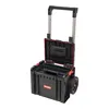 A black rolling tool cart with the lid open, showing the interior compartments. The cart has a silver telescopic handle and red accents on the lid and latches. It is shown against a plain white background. Anteprima dell’immagine prodotto
