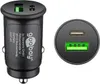 A black USB car charger with two ports, one USB-C and one USB-A, shown next to a close-up view of its ports. Anteprima dell’immagine prodotto