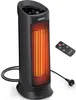 A black electric heater with an orange glowing heating element, shown on a white background with a remote control next to it.