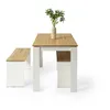 A dining table and bench set with a vase of greenery on the table, isolated on a white background. Náhled obrázku produktu
