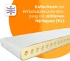 A cutaway view of a mattress showing its foam core, with marketing text and an icon overlay. Produktbild-Vorschau