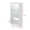 A white shoe cabinet with mirrored doors and open shelves at the bottom, with dimensions indicated. Anteprima dell’immagine prodotto