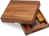 A wooden puzzle box with colorful pieces inside, shown with the lid partially open. Produktbild-Vorschau
