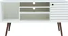 A white TV stand with wooden legs against a white background. Produktbild-Vorschau