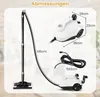 A product image showing a steam cleaner with dimensions and accessories, set against a blurred background. Produktbild-Vorschau