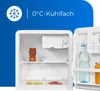 An open mini-fridge with various items inside, including bottles and jars, set against a blue and white background with text. Produktbild-Vorschau