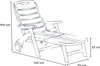 A line drawing of a white plastic sun lounger with dimensions indicated. Voir les images du produit