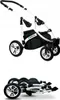 A baby stroller is shown in two configurations: unfolded and folded. Náhled obrázku produktu
