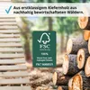 A close-up of a wooden slatted frame with a forest background and an FSC logo. Produktbild-Vorschau