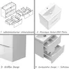 A collage of four images showing different aspects of a bathroom vanity set, including assembly instructions, the sink and cabinet, a close-up of the cabinet, and a demonstration of the soft-close drawers. Produktbild-Vorschau