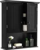 A black bathroom cabinet with its doors open, displaying some items inside and on the shelf below. Podgląd zdjęcia produktu