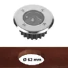 A solar LED ground light and a drilled hole in wood with a size indicator. Produktbild-Vorschau