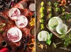A split image showing two distinct scenes: one with African-themed tableware and fruits, and the other with gardening tools and vegetables. Podgląd zdjęcia produktu