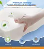 A hand pressing into a white memory foam pillow, with marketing text and certification logos around it. Produktbild-Vorschau