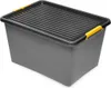 A gray plastic storage box with a black lid and yellow handles, shown from a slightly elevated angle. Produktbild-Vorschau