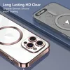 Close-up of a clear phone case with pink metallic accents, showing the camera module and a magnetic ring for MagSafe. Produktbild-Vorschau