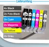 A set of printer ink cartridges with labels indicating their colors and quantities, presented alongside a list of the included items. Produktbild-Vorschau