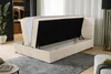 A bedroom scene with a bed frame open to reveal storage space. Voir les images du produit
