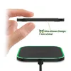 A hand is holding a thin wireless charger, and another shot shows the charger with a green light ring. Produktbild-Vorschau