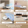 Collage of images showing a robot vacuum cleaner and its features related to carpet cleaning. Produktbild-Vorschau