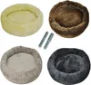 A collage of four round pet beds in different colors and two metal bolts. Produktbild-Vorschau
