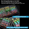 A close-up of a mechanical keyboard with colorful keycaps and RGB lighting, along with separate shots of keycaps and switches. Produktbild-Vorschau