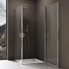 A modern shower cabin with a corner entrance, featuring a shower head, faucet, and a white shower tray, set against a dark brown wall. A window with a landscape view is visible on the left. Produktbild-Vorschau
