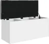 A white storage ottoman with its lid open, revealing three internal compartments and a gray fabric lining inside the lid. Podgląd zdjęcia produktu