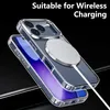 A clear phone case with a wireless charger attached to it, placed on a dark reflective surface. Voir les images du produit