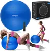 A collage of images showing a blue Gymtek gymnastics ball, its packaging, and two women using the ball for fitness exercises. Voir les images du produit