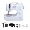 A white and purple mini sewing machine is shown with its accessories on a white background. Produktbild-Vorschau