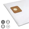 A white vacuum cleaner bag with a brown cardboard attachment is shown on a white background. Four circular badges are visible in the bottom left corner. Produktbild-Vorschau