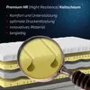 A cross-section of a mattress is shown, with a magnifying glass highlighting the foam structure. Text describes the features of the mattress. Produktbild-Vorschau