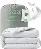 A folded duvet is shown in front of its packaging bag, with feathers floating around. Produktbild-Vorschau