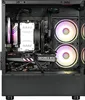 Inside view of a gaming computer case, showing components like the graphics card, motherboard, fans, and CPU cooler. Produktbild-Vorschau