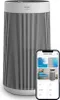 A white air purifier with a black striped pattern is shown next to a smartphone displaying its app interface. Anteprima dell’immagine prodotto