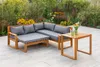 An outdoor patio setting with a wooden sectional sofa and a coffee table. Produktbild-Vorschau