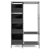 A black fabric wardrobe with shelves and a hanging rod, set against a white background. Produktbild-Vorschau