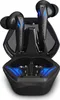 A pair of black wireless earbuds with blue LED accents, shown inside their charging case. Produktbild-Vorschau