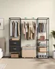 A bedroom scene featuring a clothing rack with clothes, drawers, and shelves. Náhled obrázku produktu
