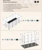 Diagrams showing how to assemble a pet enclosure with different configurations and a list of parts. Produktbild-Vorschau