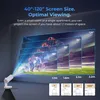 A projector projecting different screen sizes onto a wall, with text and diagrams illustrating screen size and projection distance. Produktbild-Vorschau