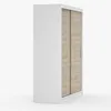 A white wardrobe with two sliding doors with a wood grain finish, shown from a side angle against a white background. Náhled obrázku produktu